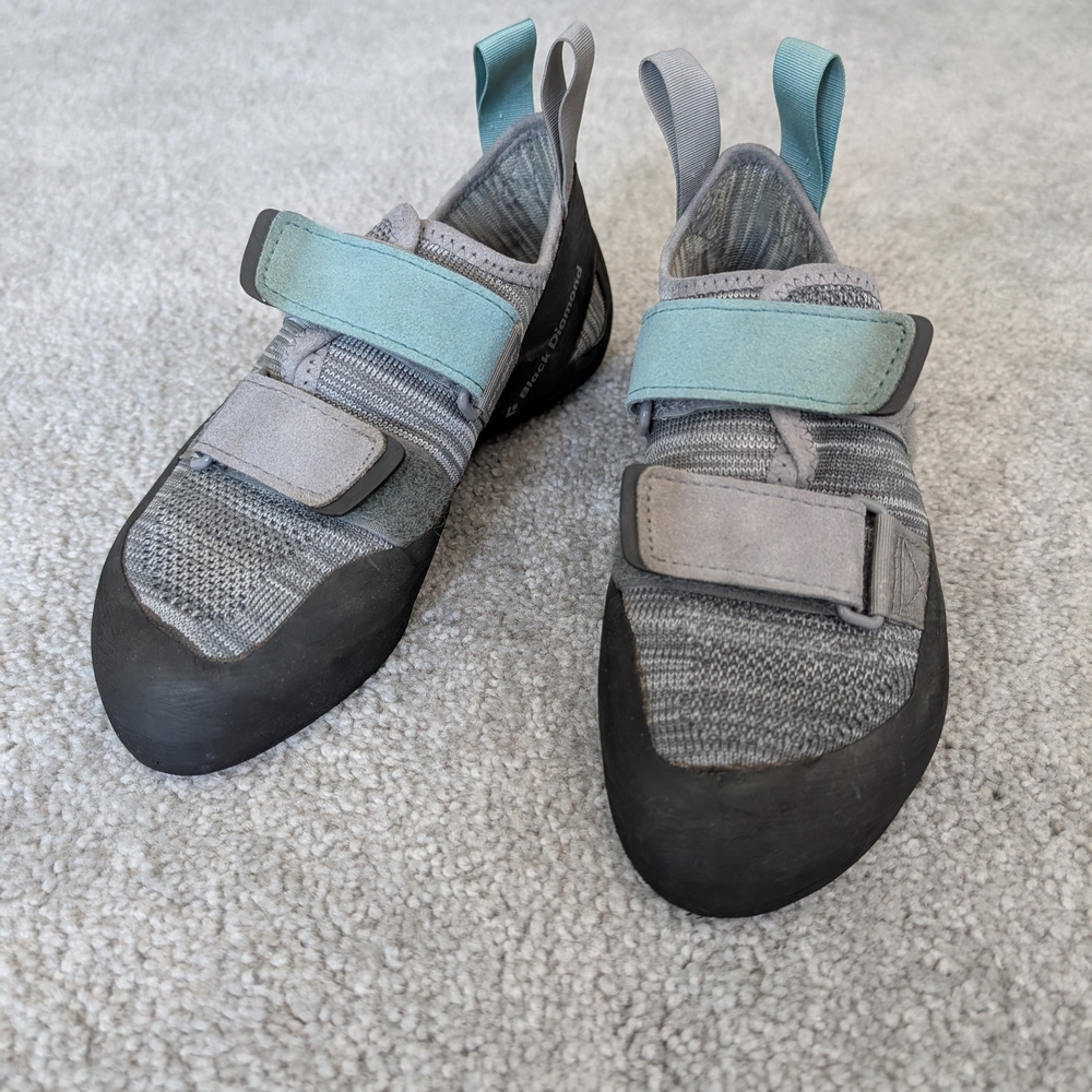 Climbing Shoes with Gray and Blue Straps